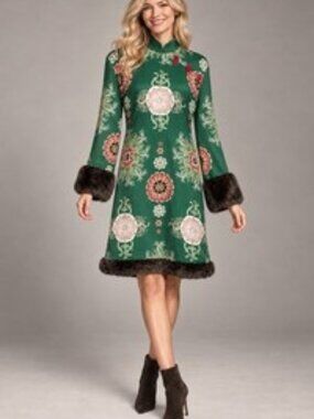 Italian 100% Silk Green Mini Dress 4 IT40 Alpaca Fur Trim Mandarin Collar